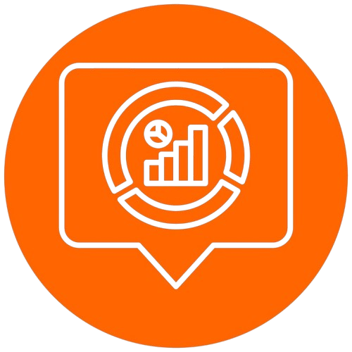 Orange circular icon with a speech bubble containing a bar chart and pie chart, symbolizing data analysis and progress tracking.