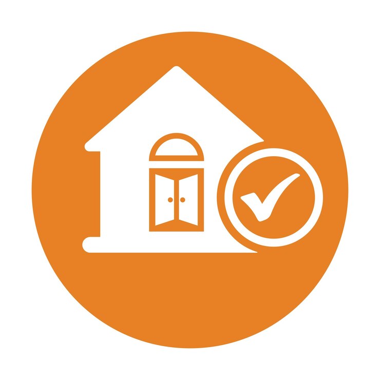 Orange circular icon with a white house and a checkmark symbol indicating safety and approval.