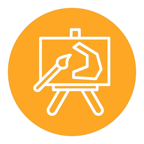 Creative art therapy icon with a paintbrush and canvas on an easel in a bright orange circle, symbolizing healing through creativity.