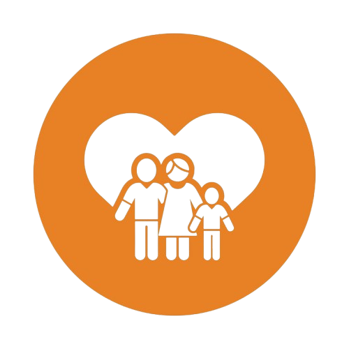 Orange circle icon showing a family of three—two adults and one child—inside a heart shape, symbolizing family care and support.