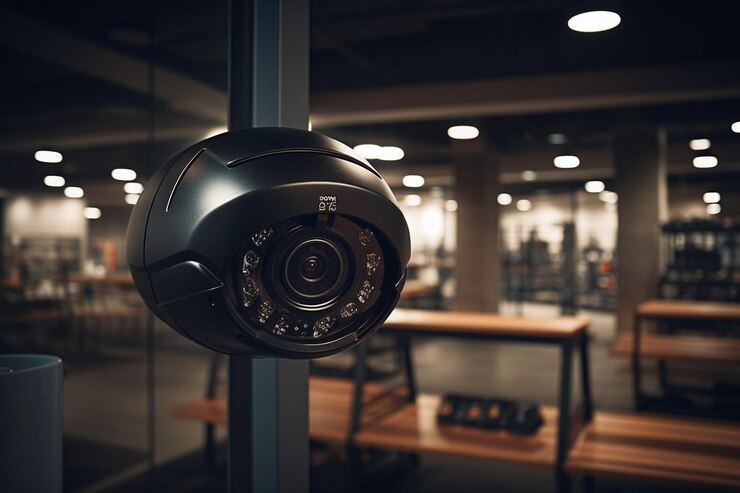 Close-up of a modern security surveillance camera installed inside a rehabilitation center for monitoring patient safety.