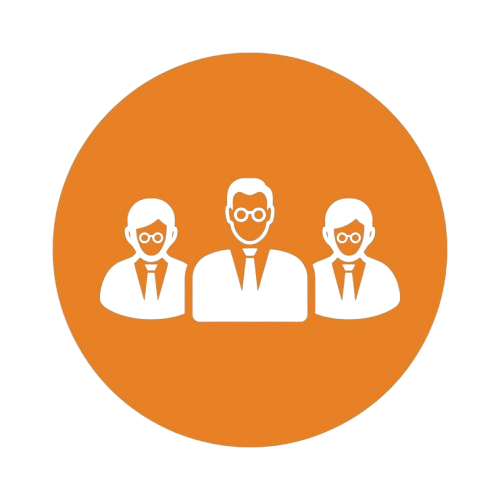 Orange circle icon featuring three business professionals wearing suits, representing a dedicated team or expert staff.
