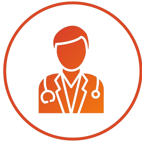 Icon of a medical doctor wearing a stethoscope around the neck inside a circular border, symbolizing healthcare and professional medical support.