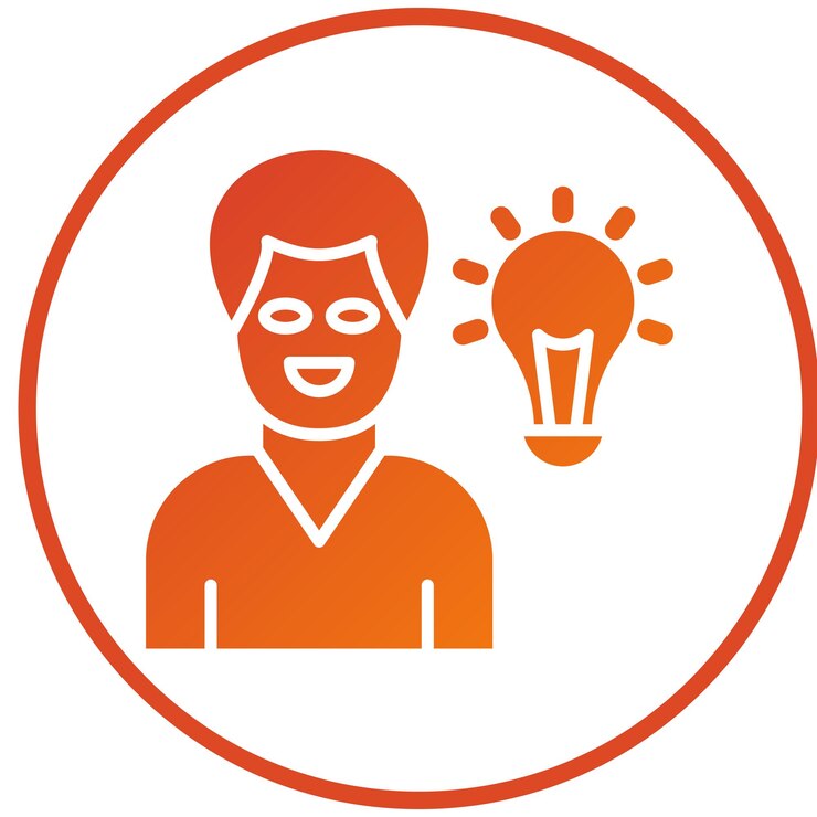 Icon of a smiling person with a glowing light bulb beside them, symbolizing positive ideas or mental clarity.