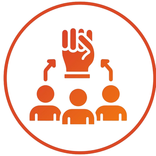 Orange gradient icon showing a raised fist above three people, symbolizing empowerment and group support in addiction recovery.