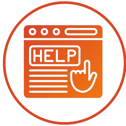 Orange icon of a webpage window displaying the word “HELP” with a hand cursor pointing at it, representing online assistance and support.