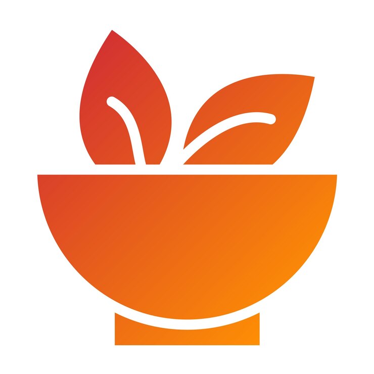 Orange gradient icon of a bowl with two leaves inside, symbolizing natural healing and wellness.