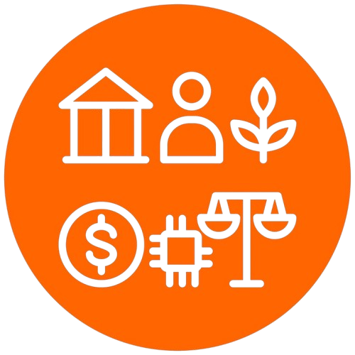 Orange circle with icons representing institution, person, growth, finance, technology, and justice, symbolizing holistic recovery support at Nasha Mukti Kendra.