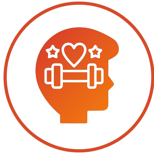 Orange gradient icon of a human head with a dumbbell, heart, and stars symbolizing mental and physical wellness for addiction recovery.