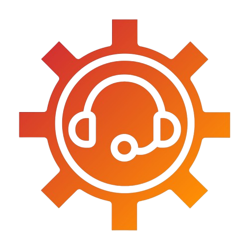 Orange gear icon with a headset and microphone inside, symbolizing customer support and technical assistance.