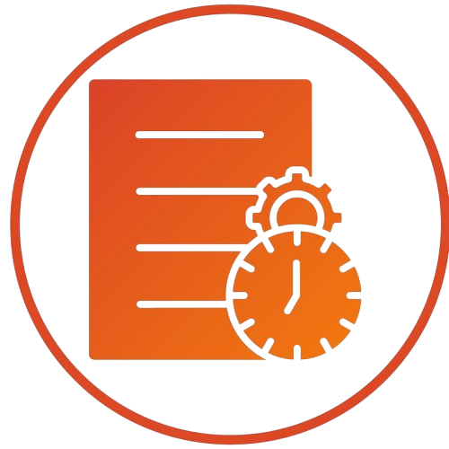 Orange gradient icon showing a document with a clock and gear, symbolizing timely and organized addiction recovery planning.
