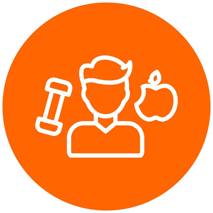 Icon showing a person with a dumbbell and an apple, representing fitness and healthy lifestyle.